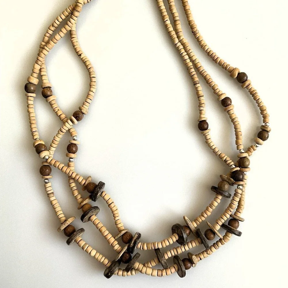 BOHO WOOD BEAD TRIPPLE STRAND NECKLACE